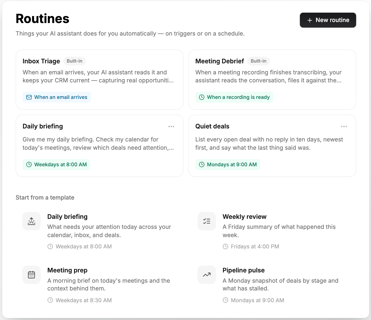 The Routines page: Inbox Triage and Meeting Debrief marked Built-in, two routines the reader wrote below them, and four templates underneath.