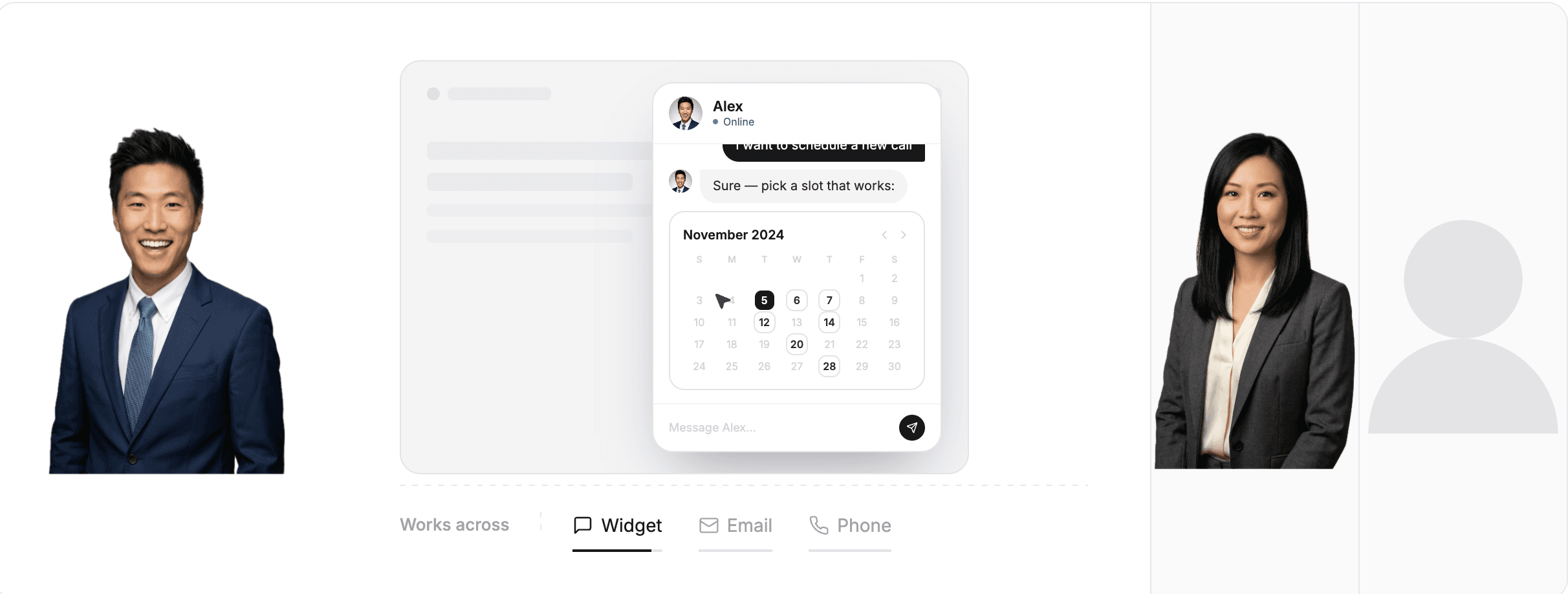 Your AI teammates work across every channel — widget, email, and phone — greeting and qualifying inbound around the clock.