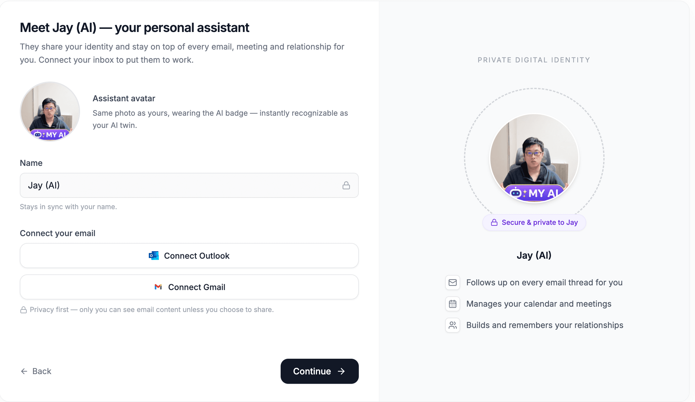 Connecting your mailbox while setting up your assistant — the same step also lives in Settings.